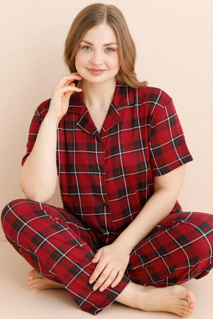 Bordo Scottish Charm Desenli Bambu Önden Düğmeli Kısa Kol Büyük Beden Battal Pijama Takımı - 1