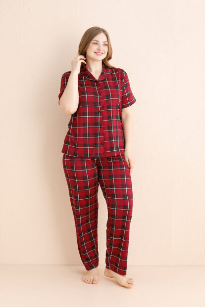 Bordo Scottish Charm Desenli Bambu Önden Düğmeli Kısa Kol Büyük Beden Battal Pijama Takımı - 2