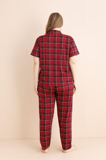 Bordo Scottish Charm Desenli Bambu Önden Düğmeli Kısa Kol Büyük Beden Battal Pijama Takımı - 3