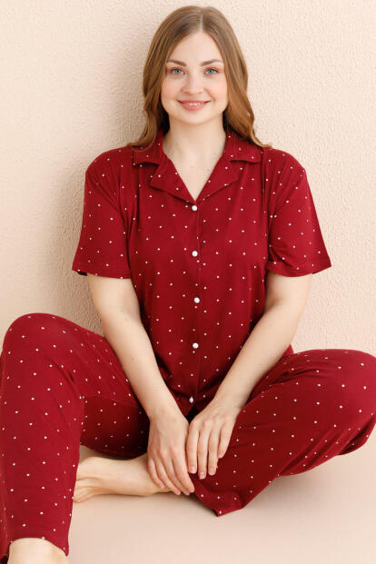 Bordo Serene Dots Desenli Bambu Önden Düğmeli Kısa Kol Büyük Beden Battal Pijama Takımı - 1