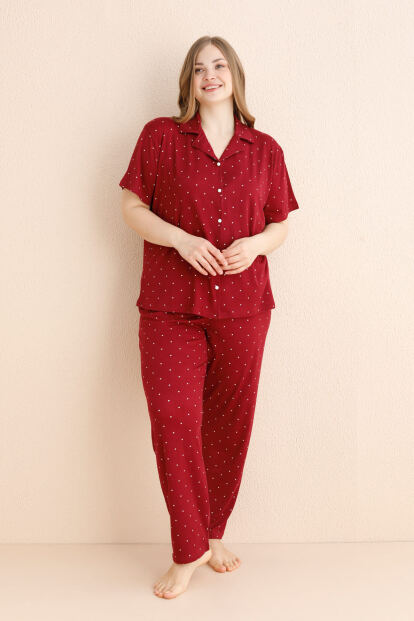 Bordo Serene Dots Desenli Bambu Önden Düğmeli Kısa Kol Büyük Beden Battal Pijama Takımı - 2
