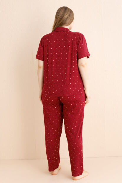 Bordo Serene Dots Desenli Bambu Önden Düğmeli Kısa Kol Büyük Beden Battal Pijama Takımı - 3