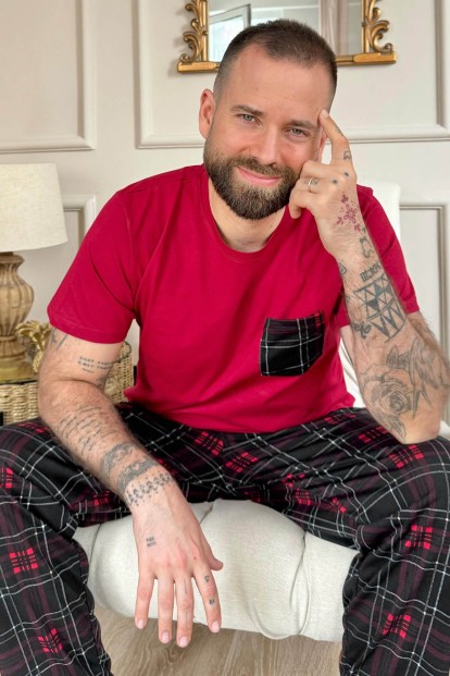 Bordo Siyah Cep Detay Ekose Kısa Kollu Erkek Pijama Takımı - Pijamaevi