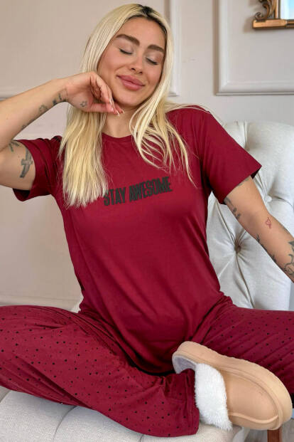 Bordo Stay Desenli Bambu Kısa Kol Kadın Pijama Takımı 