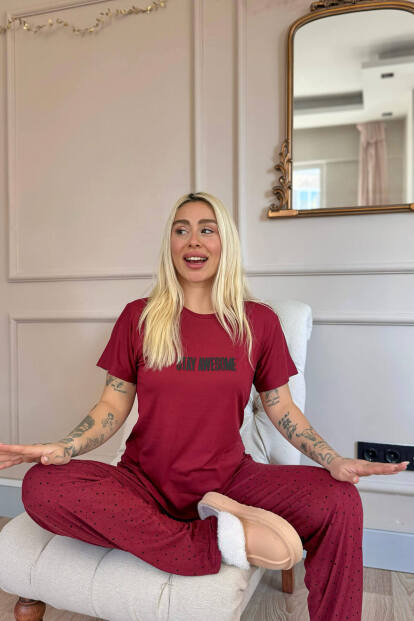 Bordo Stay Desenli Bambu Kısa Kol Kadın Pijama Takımı - 2