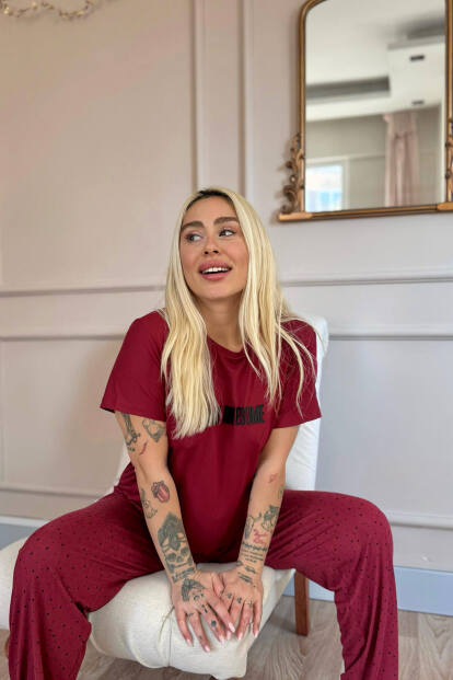 Bordo Stay Desenli Bambu Kısa Kol Kadın Pijama Takımı - 3