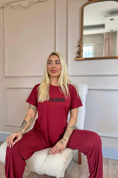 Bordo Stay Desenli Bambu Kısa Kol Kadın Pijama Takımı - 4