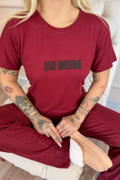 Bordo Stay Desenli Bambu Kısa Kol Kadın Pijama Takımı - 5