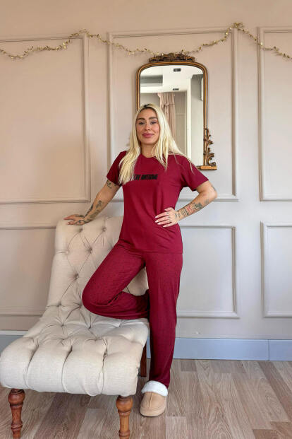 Bordo Stay Desenli Bambu Kısa Kol Kadın Pijama Takımı - 6