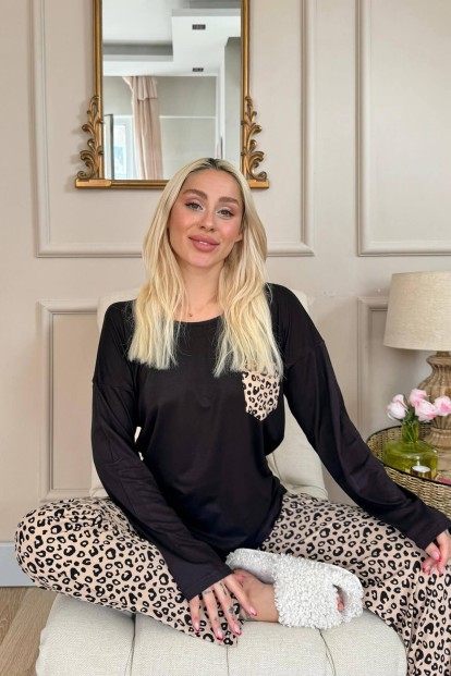 Brown Leopar Desenli Bambu Uzun Kol Kadın Pijama Takımı - 2