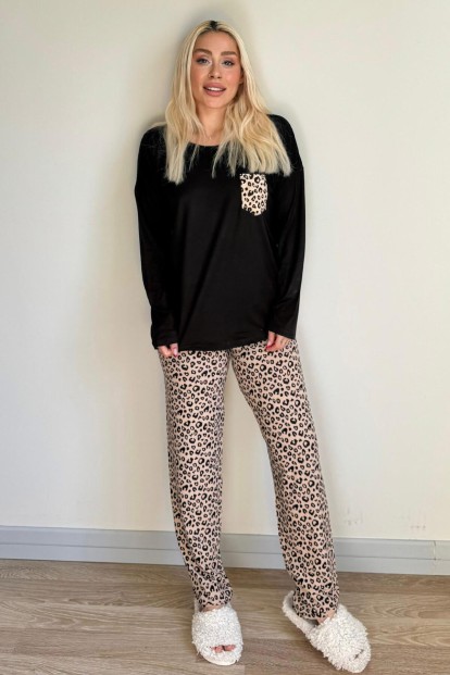 Brown Leopar Desenli Bambu Uzun Kol Kadın Pijama Takımı - 6