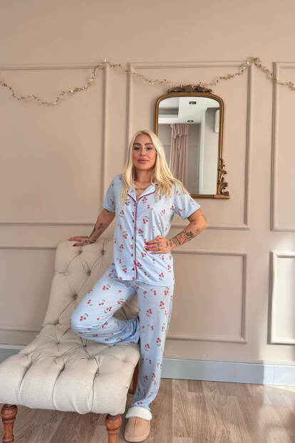Buz Mavisi Sofistic Cherry Önden Düğmeli Kısa Kol Kadın Pijama Takımı - 5