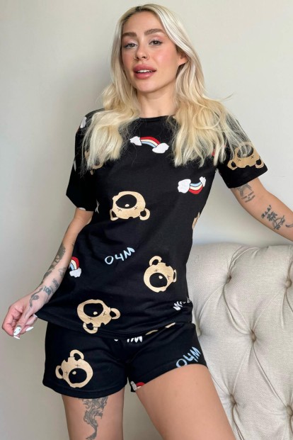 Canid Desenli Örme Şortlu Kısa Kollu Kadın Pijama Takımı - Pijamaevi
