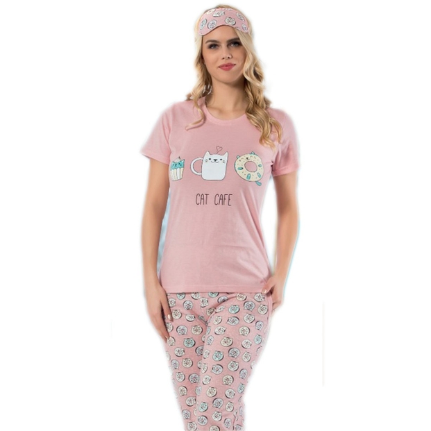 Cat Cafe Desenli Sabahlıklı Pijama Takımı - 2