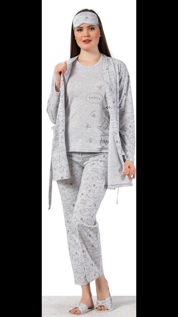 Cheese Cat Desenli Sabahlıklı Pijama Takımı - 1