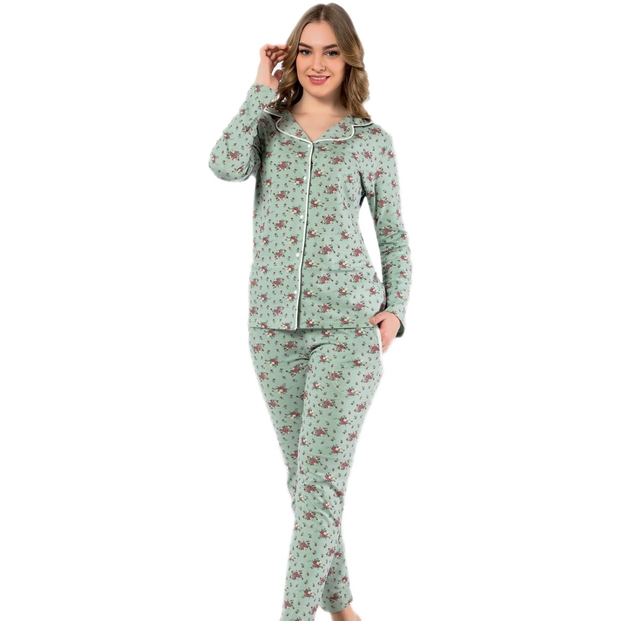 Çiçek Desenli Pamuklu Önden Düğmeli Pijama Takımı - 1