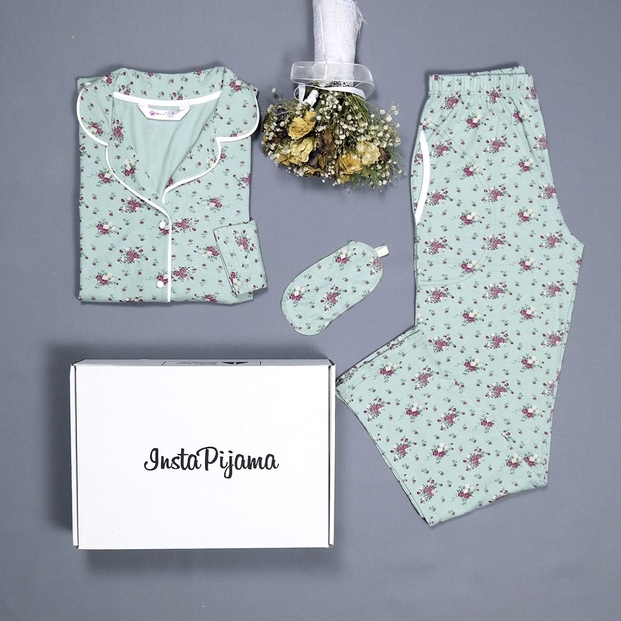 Çiçek Desenli Pamuklu Önden Düğmeli Pijama Takımı - 2