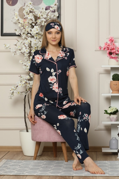 Çiçek Desenli Viskon Pamuk Önden Düğmeli Kısa Kollu Pijama Takımı - 1
