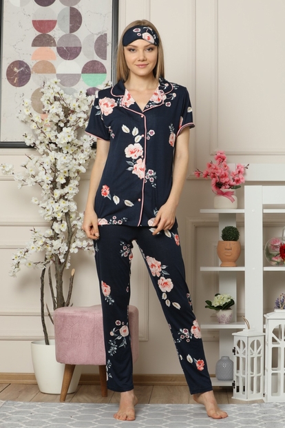 Çiçek Desenli Viskon Pamuk Önden Düğmeli Kısa Kollu Pijama Takımı - 2