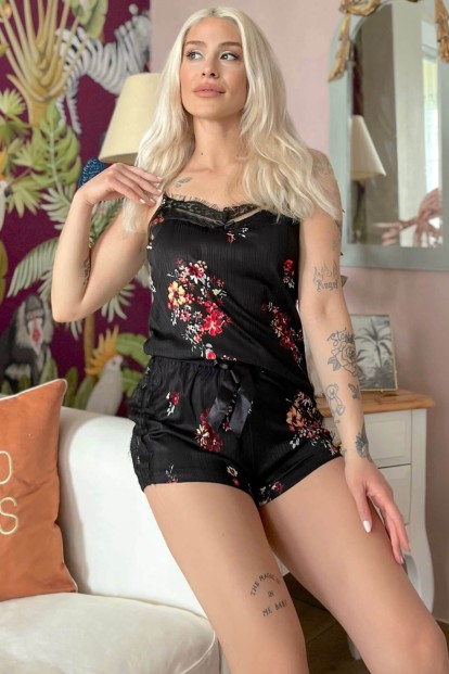 Çiçek Pegasus Dantel Detaylı Ip Askı Şortlu Örme Pijama Takımı - Pijamaevi