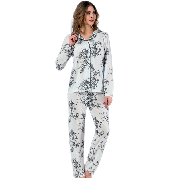 Çiçekli Saten Önden Düğmeli Pijama Takımı - 1