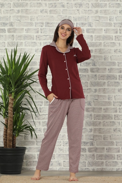 Çizgili Bordo Kadın Önden Düğmeli Bambu Pijama Takımı - 2