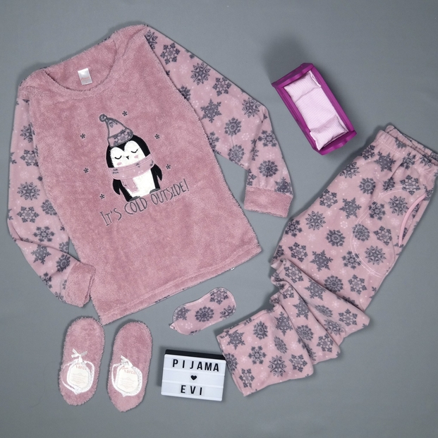 Cold Penguen Desenli Kadın Peluş Pijama Takımı - 2