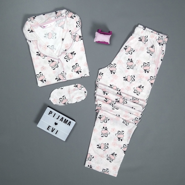 Cow Desenli Önden Düğmeli Kısa Kollu Pijama Takımı - 1