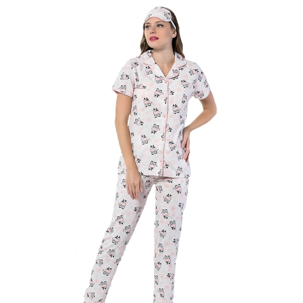 Cow Desenli Önden Düğmeli Kısa Kollu Pijama Takımı - 2