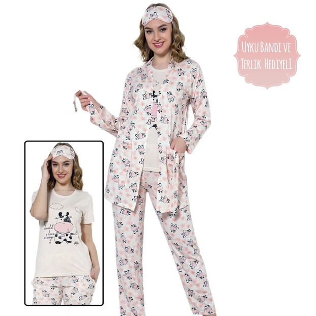 Cow Desenli Sabahlıklı Pijama Takımı - 1