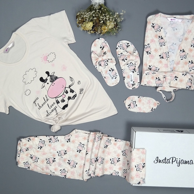 Cow Desenli Sabahlıklı Pijama Takımı - 4