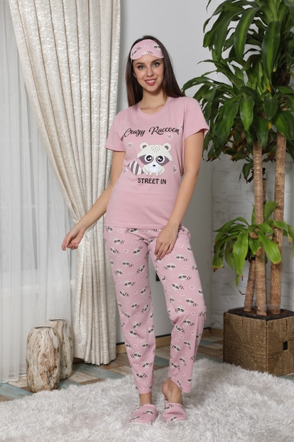 Crazy Raccoon Desenli Sabahlıklı Pijama Takımı - 2