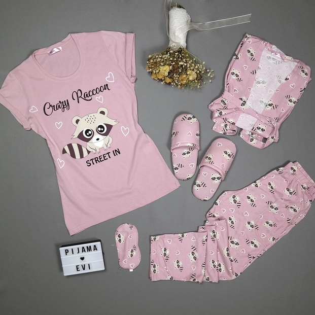 Crazy Raccoon Desenli Sabahlıklı Pijama Takımı - 3