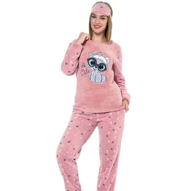 Cut Cat Desenli Kadın Peluş Pijama Takımı - 1