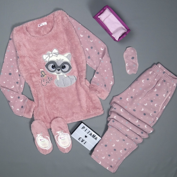 Cut Cat Desenli Kadın Peluş Pijama Takımı - 2