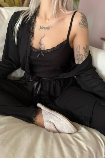Dark Black Desenli Sabahlıklı Pegasus Pijama Takımı - 4