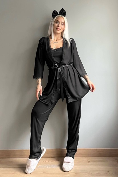 Dark Black Desenli Sabahlıklı Pegasus Pijama Takımı - 5