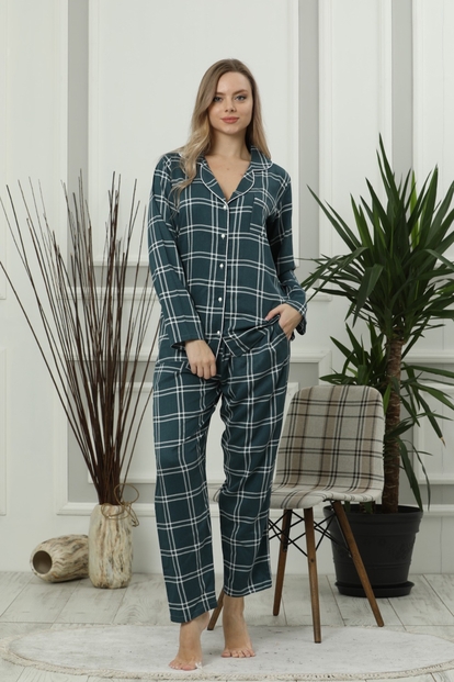 Dash One Exclusive Collection Önden Düğmeli Uzun Kollu İpek Saten Pijama Takımı - 1
