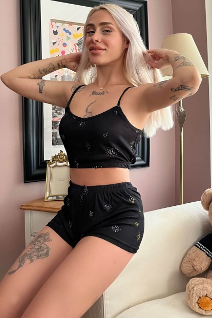 Diamond Desenli Şortlu Crop Bustiyer Pijama Takım - Pijamaevi