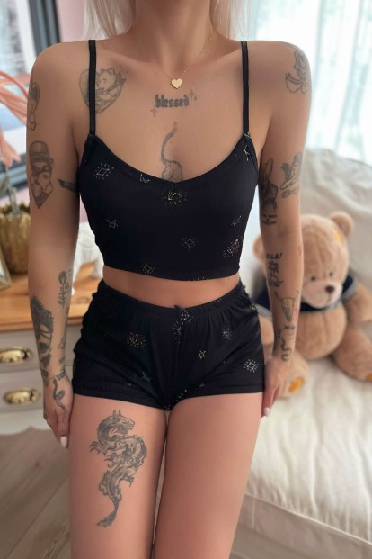 Diamond Desenli Şortlu Crop Bustiyer Pijama Takım - 4