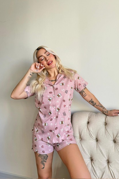 Donut Coffe Önden Düğmeli Şortlu Kısa Kollu Kadın Pijama Takımı - 2