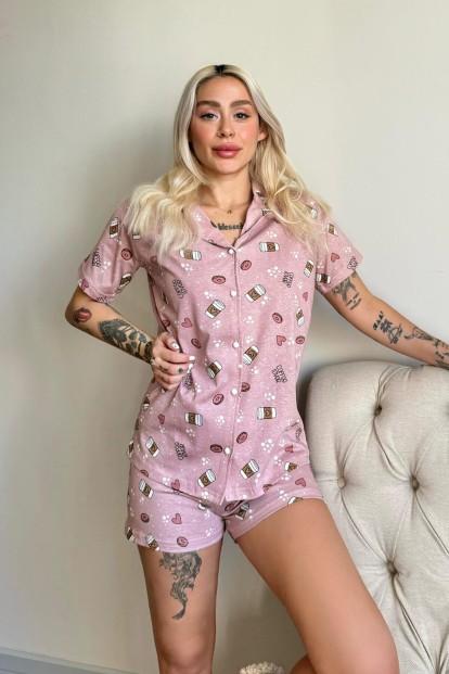 Donut Coffe Önden Düğmeli Şortlu Kısa Kollu Kadın Pijama Takımı - 3