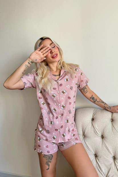 Donut Coffe Önden Düğmeli Şortlu Kısa Kollu Kadın Pijama Takımı - 4