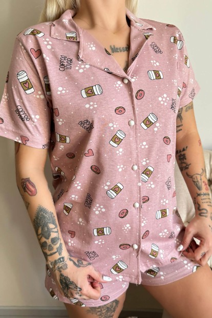 Donut Coffe Önden Düğmeli Şortlu Kısa Kollu Kadın Pijama Takımı - 5