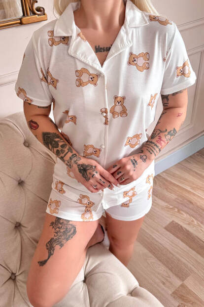 Doux Bear Desenli Kısa Kol Şortlu Önden Düğmeli Kadın Pijama Takımı - 5