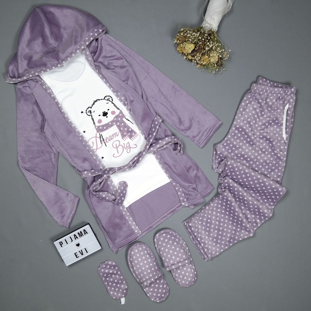 Dream Big Bear Desenli Sabahlıklı Peluş Pijama Takımı - 1