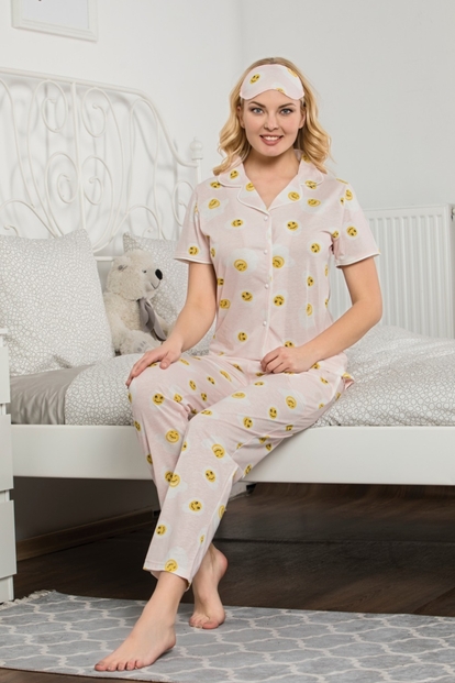 Egg Desenli Önden Düğmeli Kısa Kollu Pijama Takımı - 1