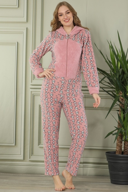 Fil Desenli Kadın Polar Peluş Tulum Pijama Takımı - 2