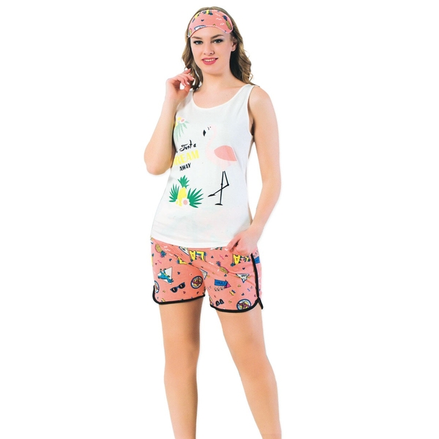 Flamingo Desenli Bayan İp Askılı Şortlu Pijama Takımı-DEFOLU - 1