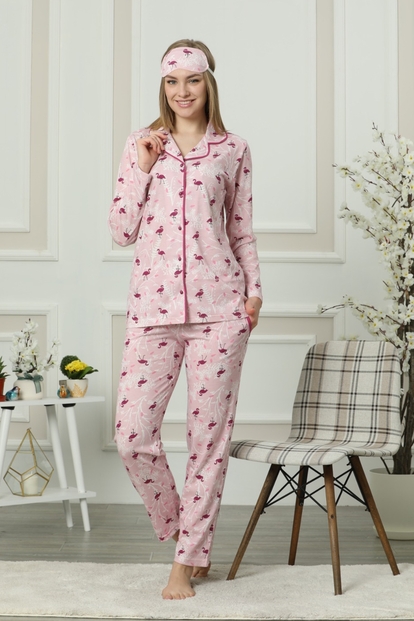 Flamingo Desenli Önden Düğmeli Uzun Kollu Pijama Takımı - 2